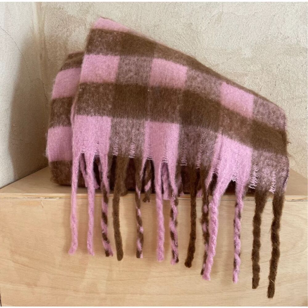 Pink and Brown Plaid Oversized Scarf